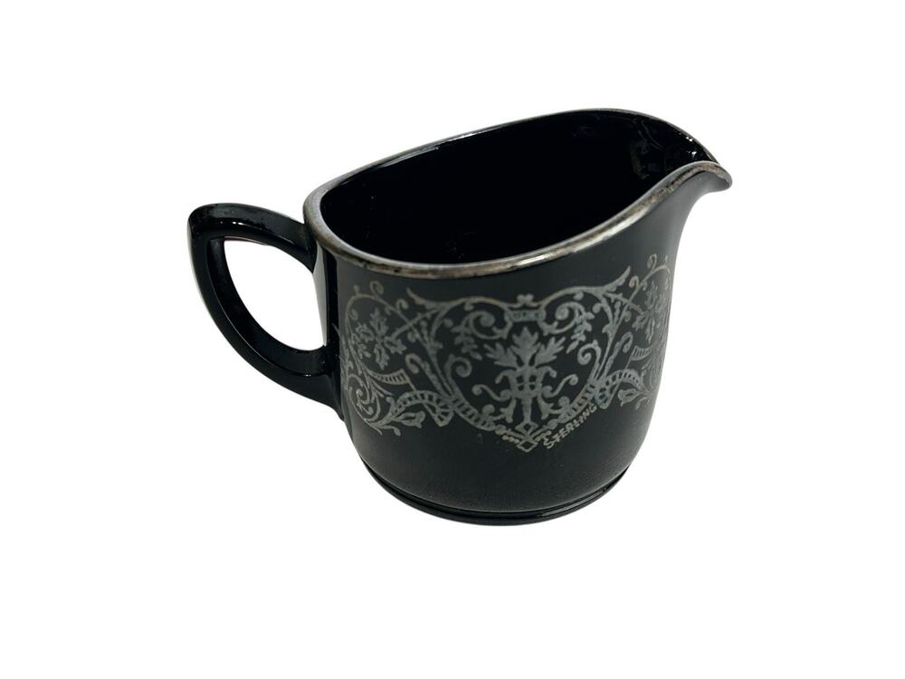 Sterling Vintage Black Amethyst Glass Creamer Etched Floral Depression Glass